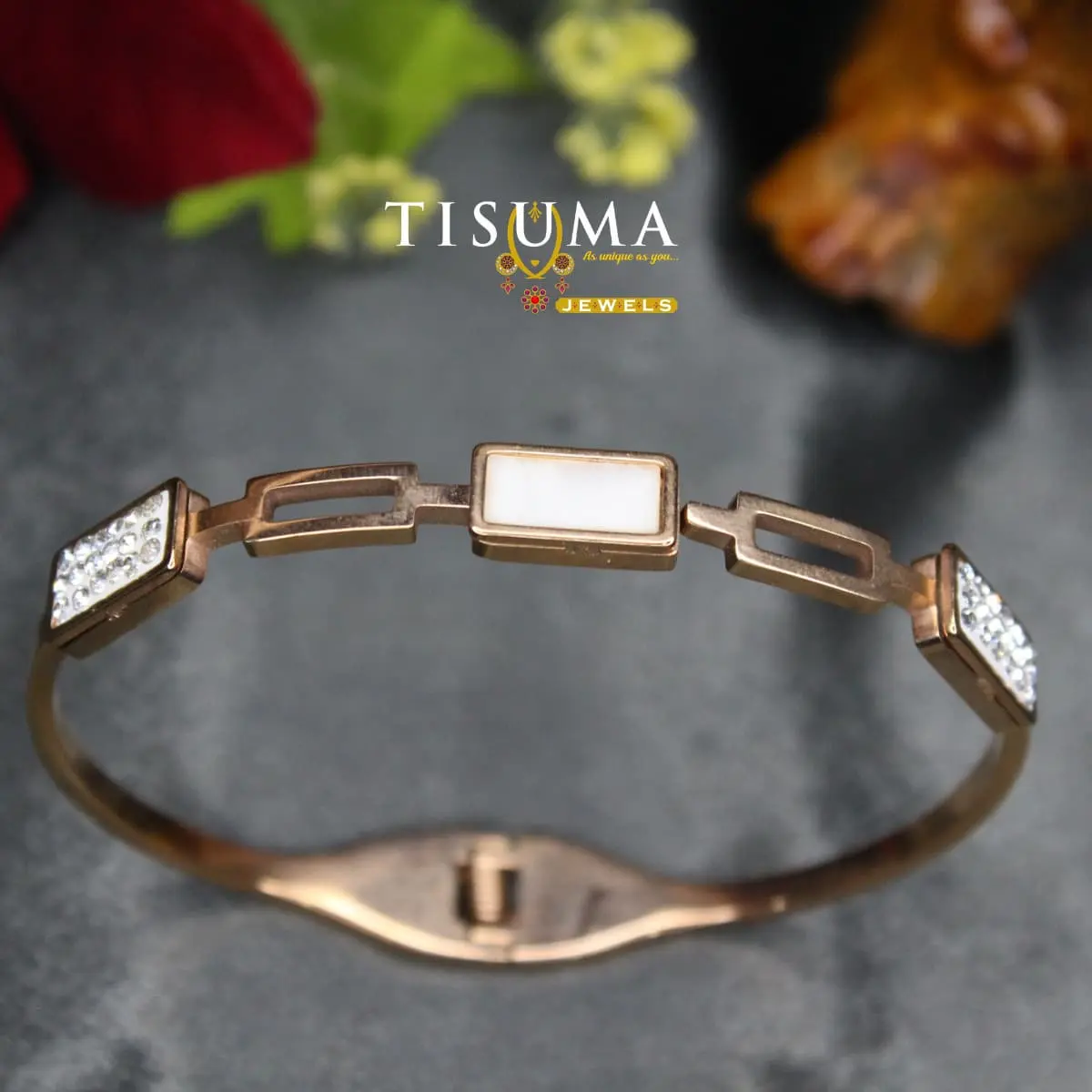 Rectangle Mother of Pearl Pavé Zircon Rose Gold Anti-Tarnish Kada Bangle